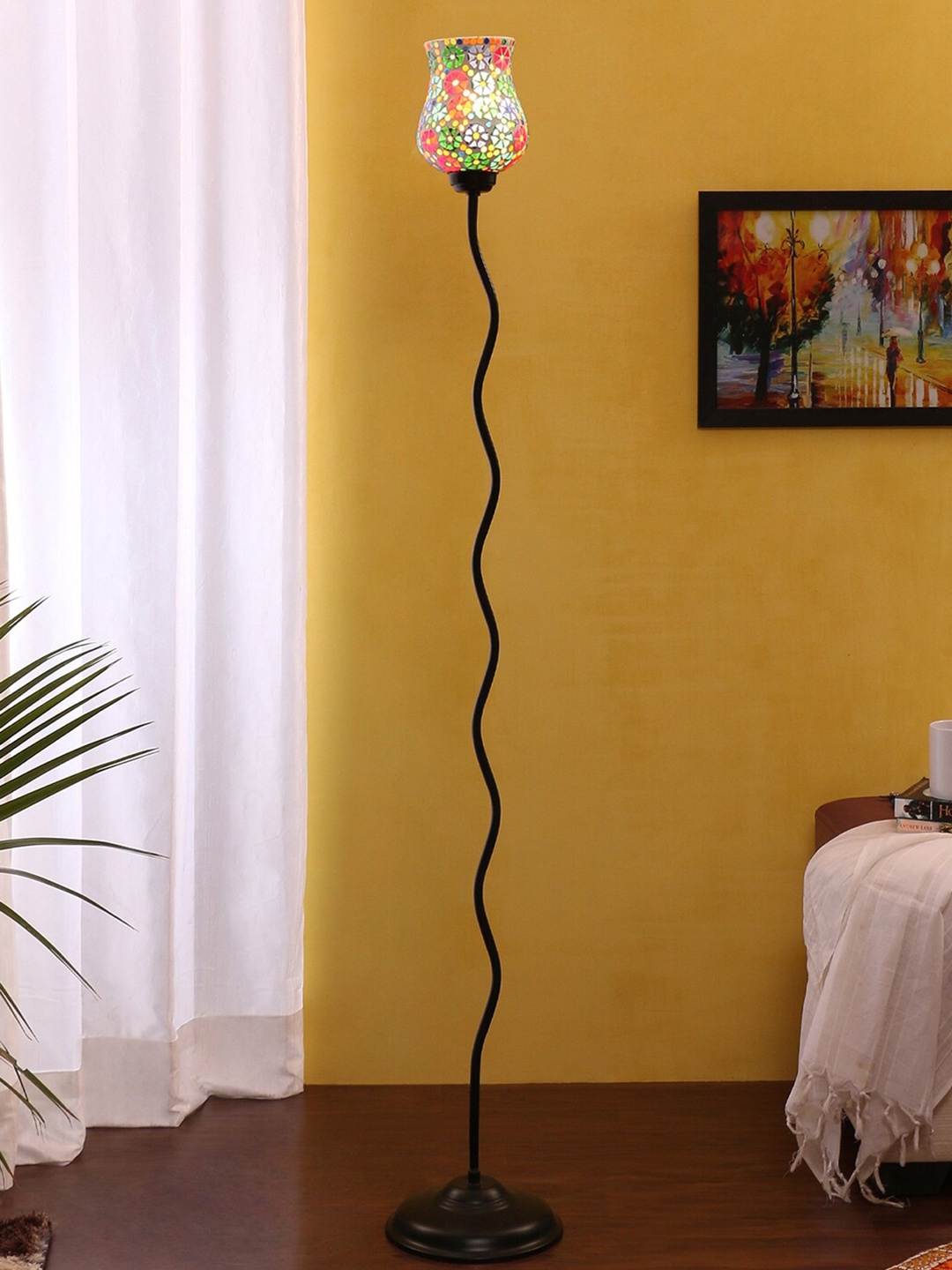 Devansh White & Green Textured Traditional Torchiere Lamp with Shade