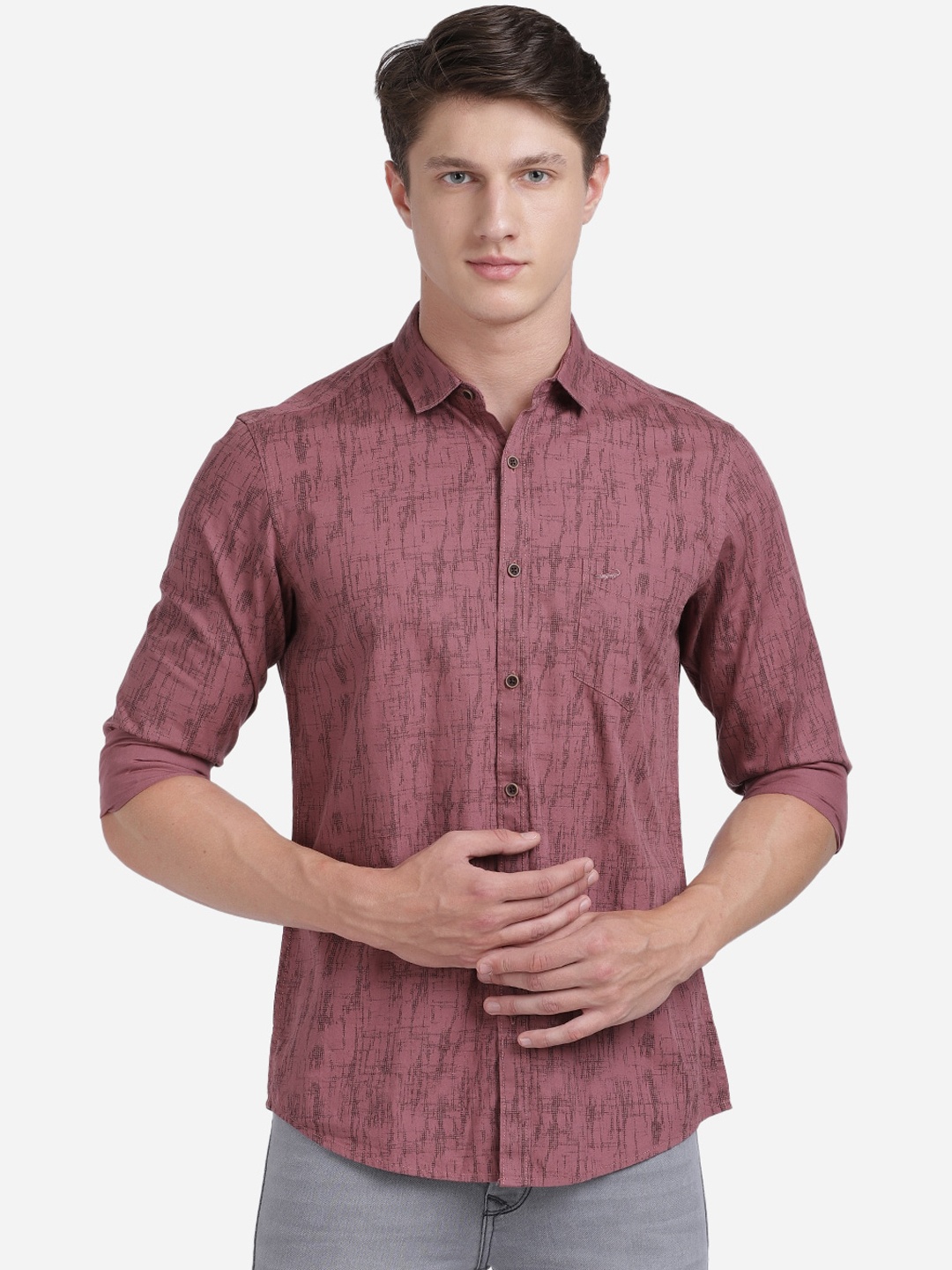 Crocodile Men Pink & Maroon Slim Fit Printed Casual Shirt