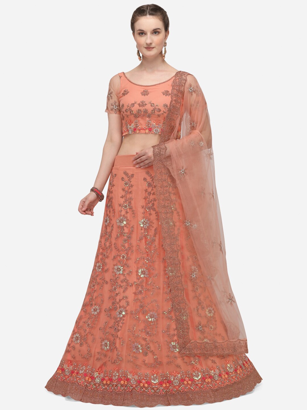 Netram Peach-Coloured & Silver-Toned Embroidered Semi-Stitched Lehenga & Unstitched Blouse with Dupatta
Netram Peach-Coloured & Silver-Toned Embroidered Semi-Stitched Lehenga & Unstitched Blouse with Dupatta