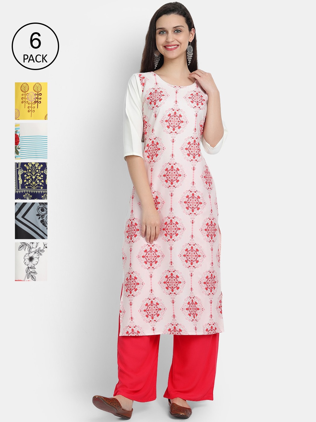 Ethnic basket Women Pack of 6 Ethnic Motifs Printed Crepe Kurta, White