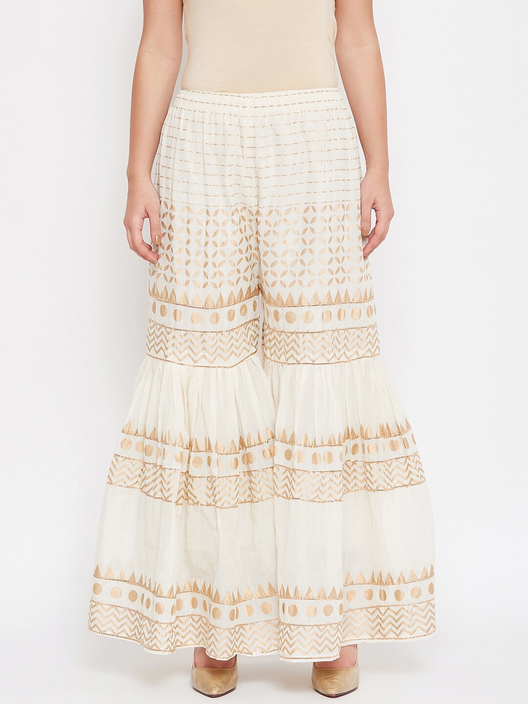 TULIP 21 Women Off-White & Gold-Toned Printed Flared Palazzos