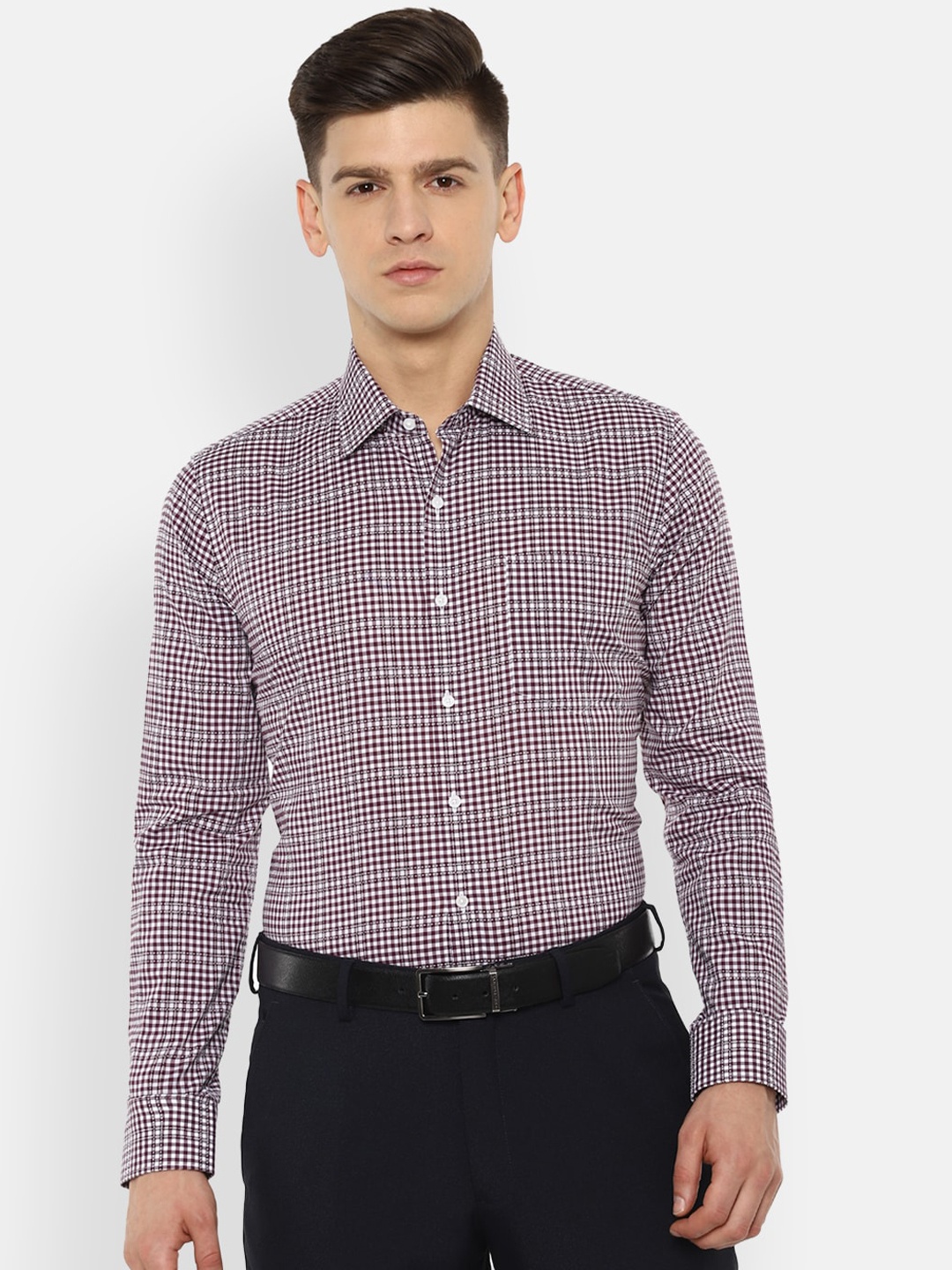 Van Heusen Men Maroon & White Slim Fit Checked Cotton Formal Shirt
