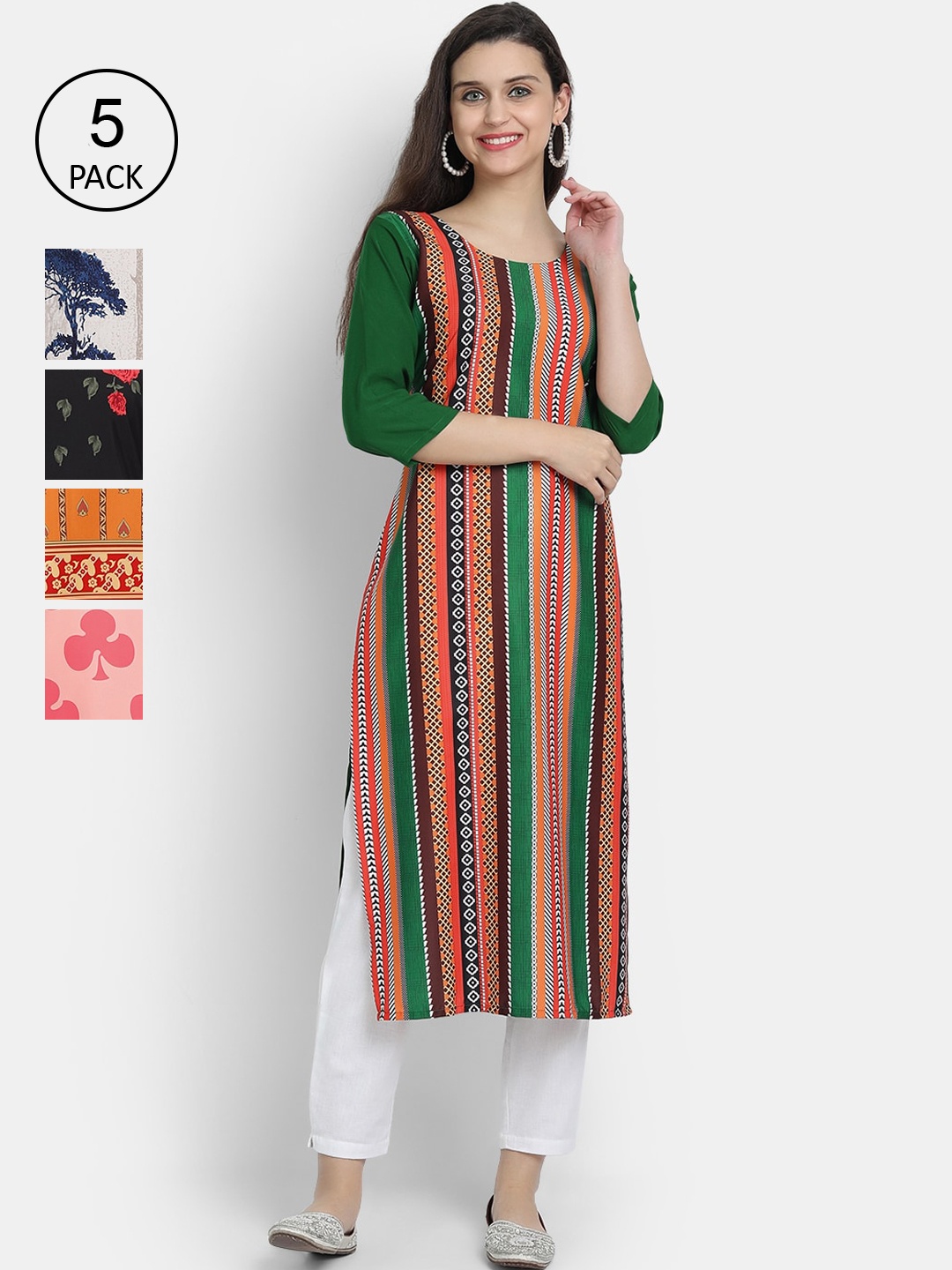 Ethnic basket Women Pack Of 5 Ethnic Motifs Printed Crepe Kurtas, Multi
