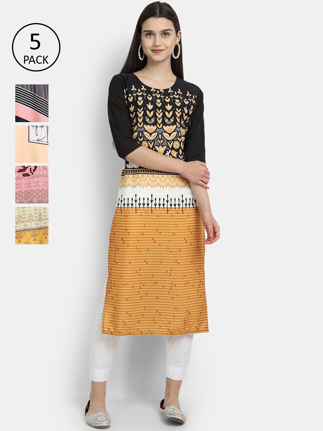 Ethnic basket Women Pack Of 5 Ethnic Motifs Printed Crepe Kurta, Multi