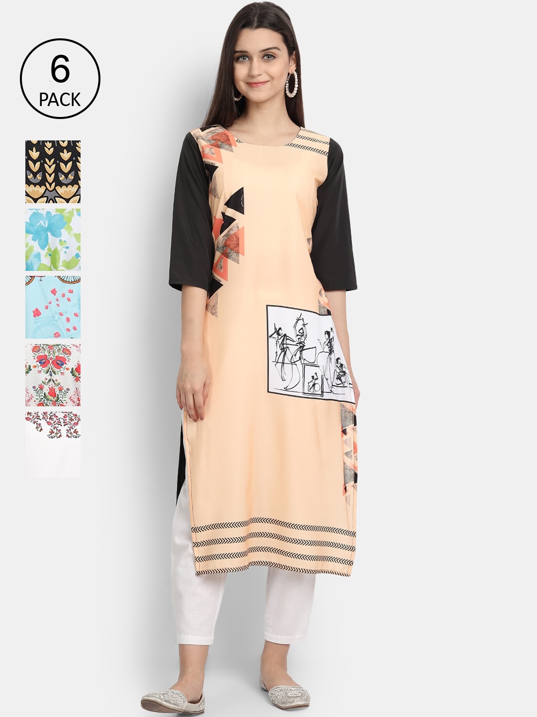 Ethnic basket Women Pack of 6 Printed Crepe Kurta, Multi