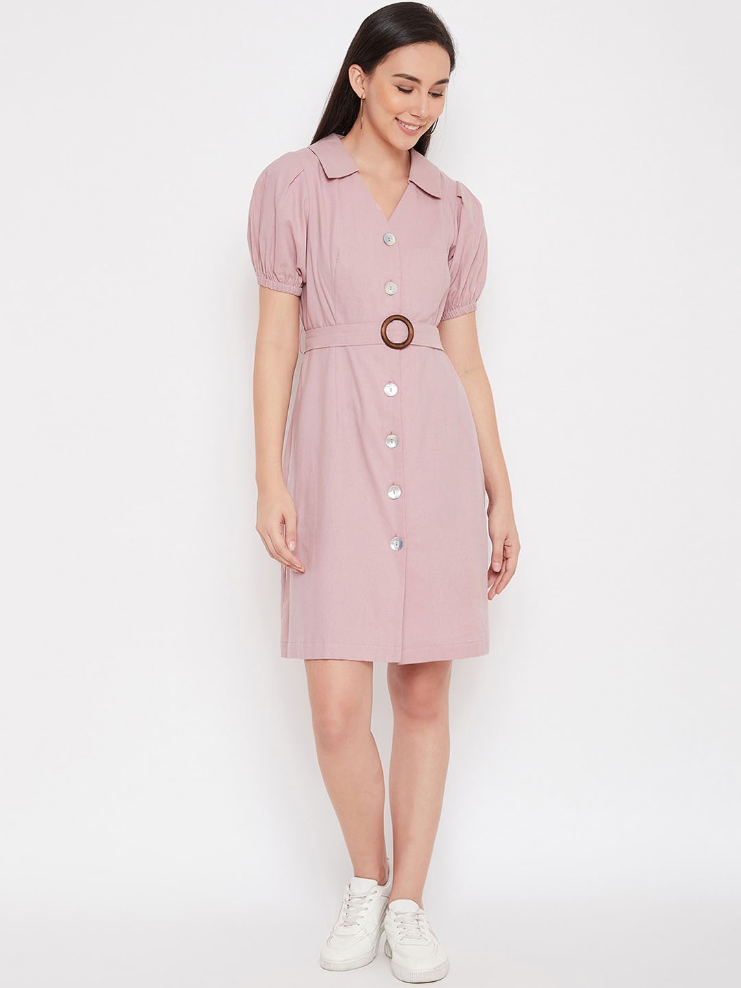 Madame Women Purple Solid Shirt Dress with Belt