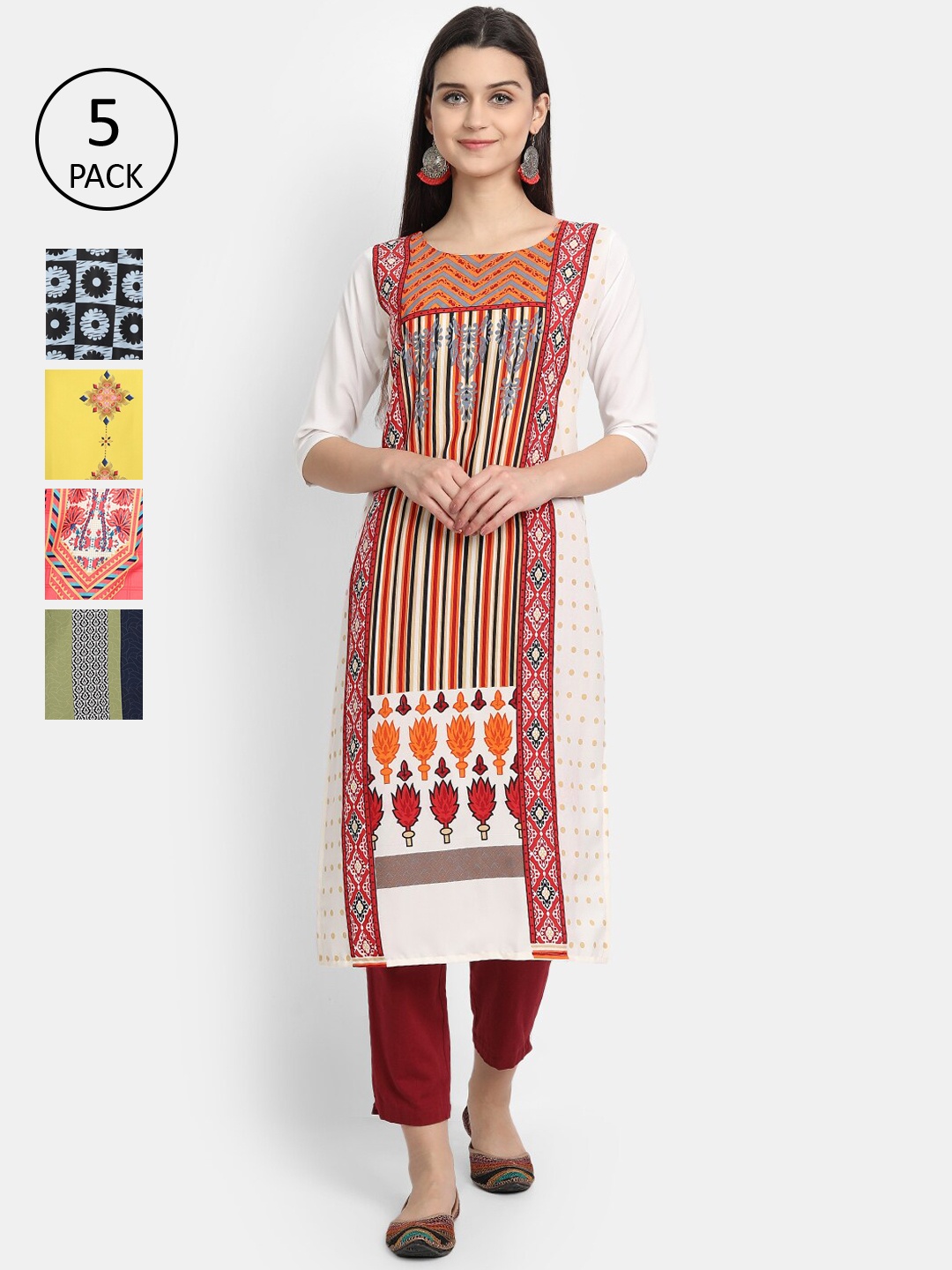 Ethnic basket Women Pack Of 5 Ethnic Motifs Printed Crepe Kurta, Multi