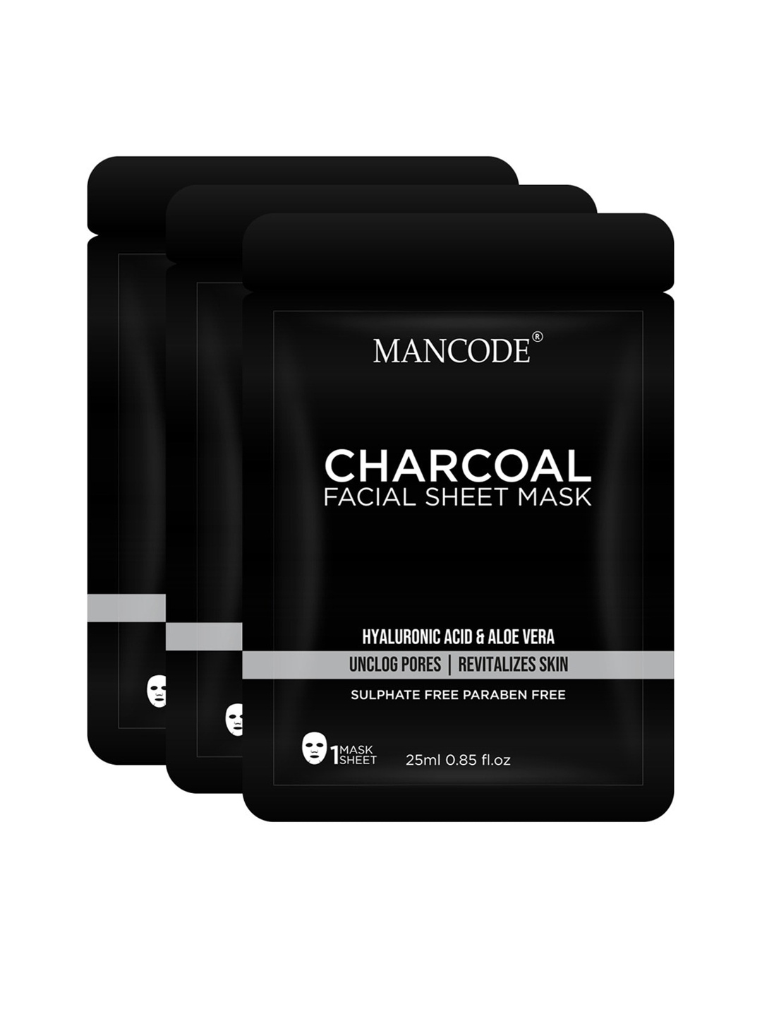 MANCODE Set Of 3 Activated Charcoal Facial Sheet Mask 25ml each, Black