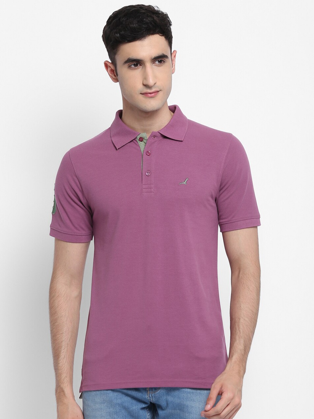 American Crew Men Purple Polo Collar Applique T-shirt