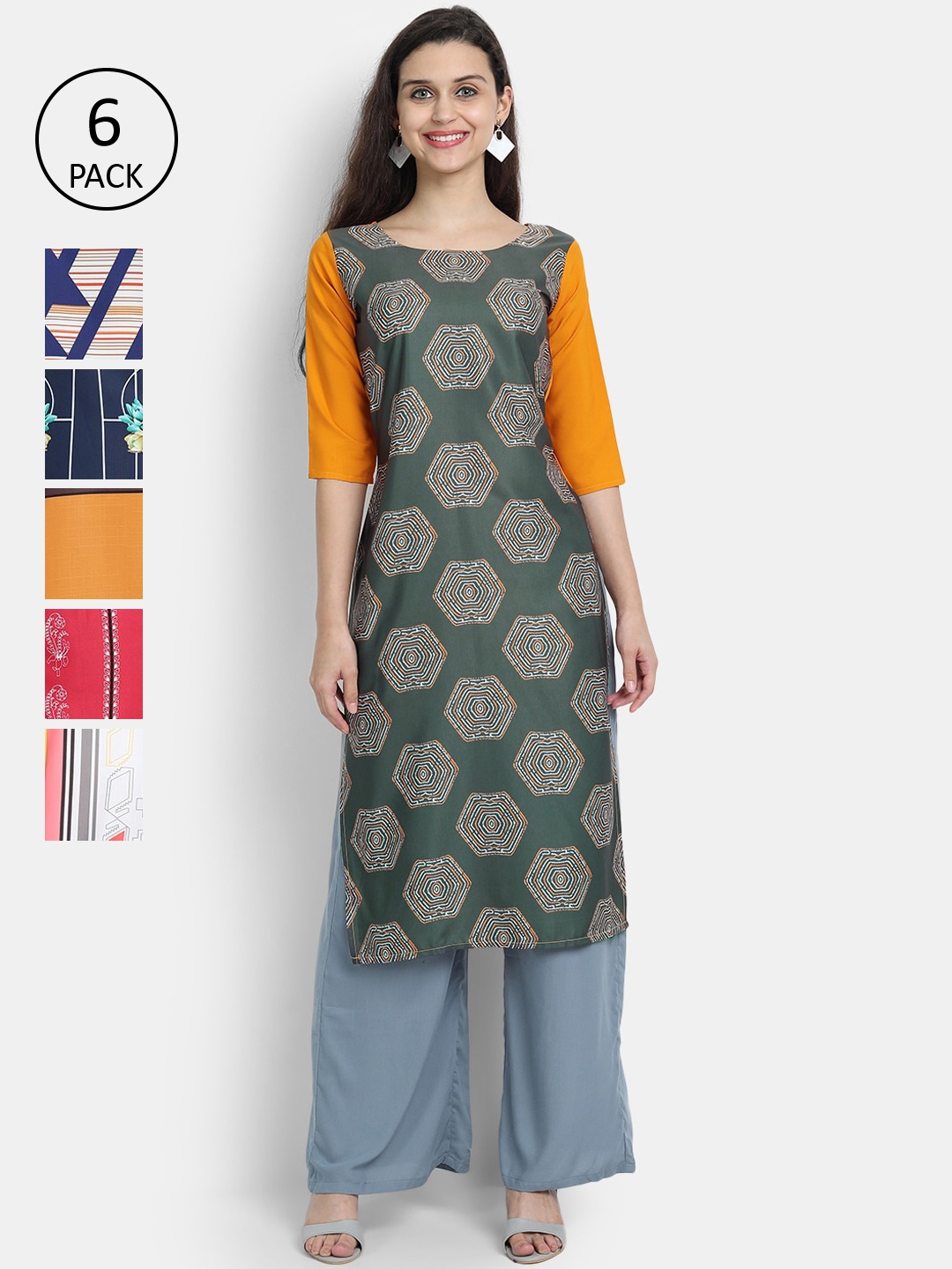 Ethnic basket Women Set of 6 Multicoloured Ethnic Motifs Printed Crepe Kurta, Multi