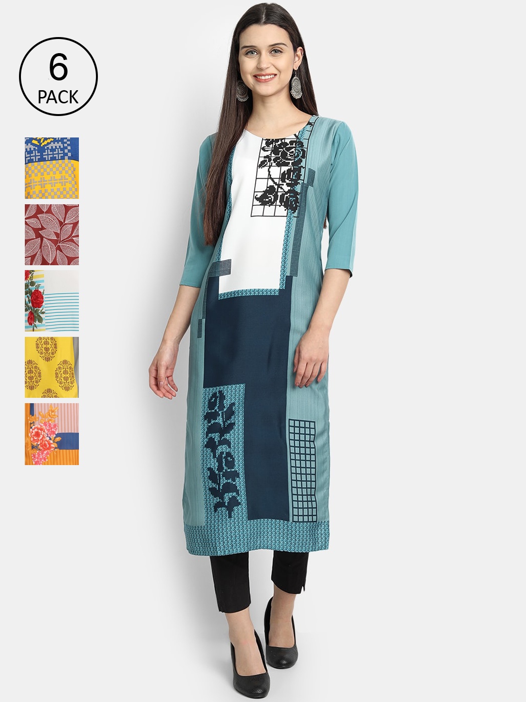 Ethnic basket Pack of 6 Women Multicoloured Floral Printed Crepe Kurta, Multi