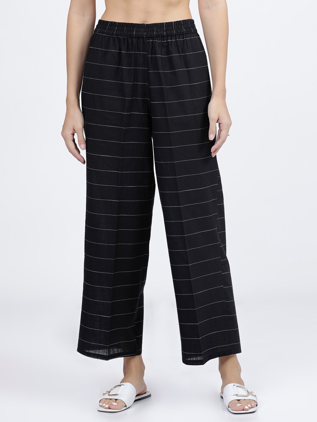 Vishudh Women Black & White Striped Ethnic Palazzos