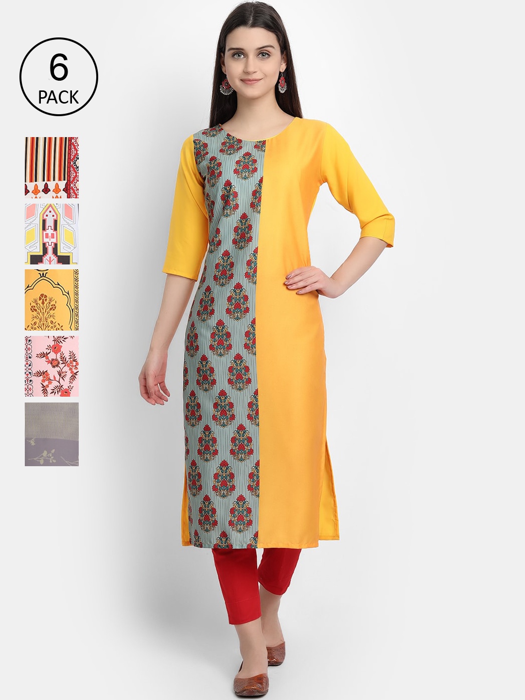 Ethnic basket Women Pack Of 6 Printed Crepe Kurta, Yellow