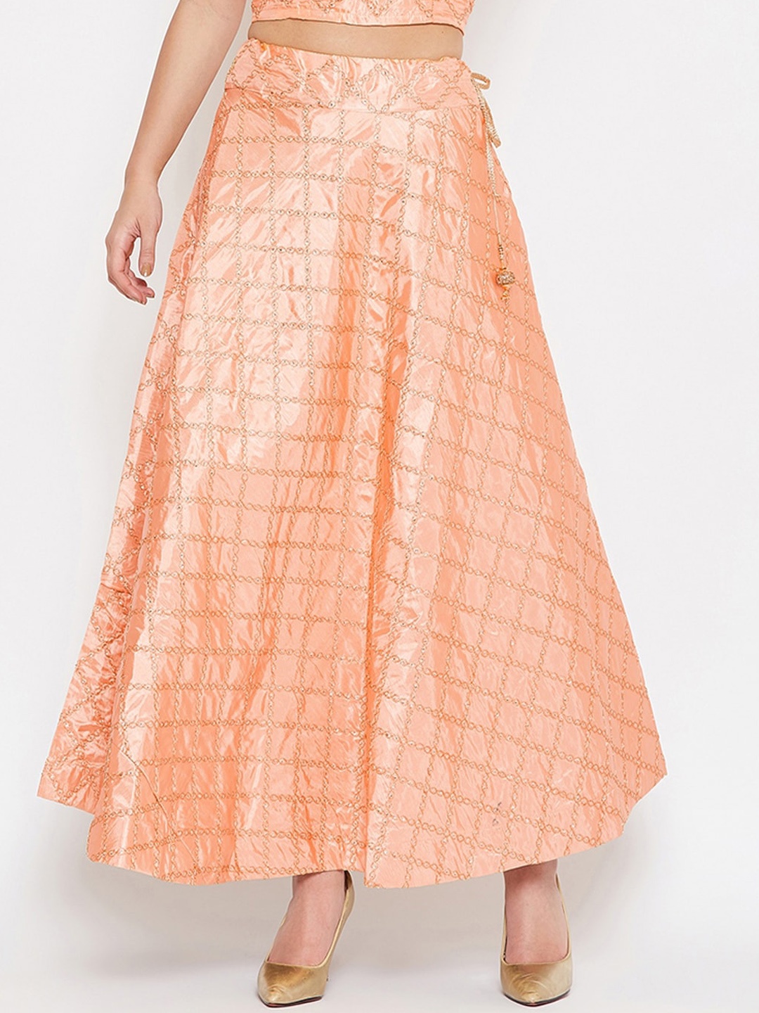 TULIP 21 Women Peach-Colored & Golden Embellished Pure Silk Flared Maxi Skirt