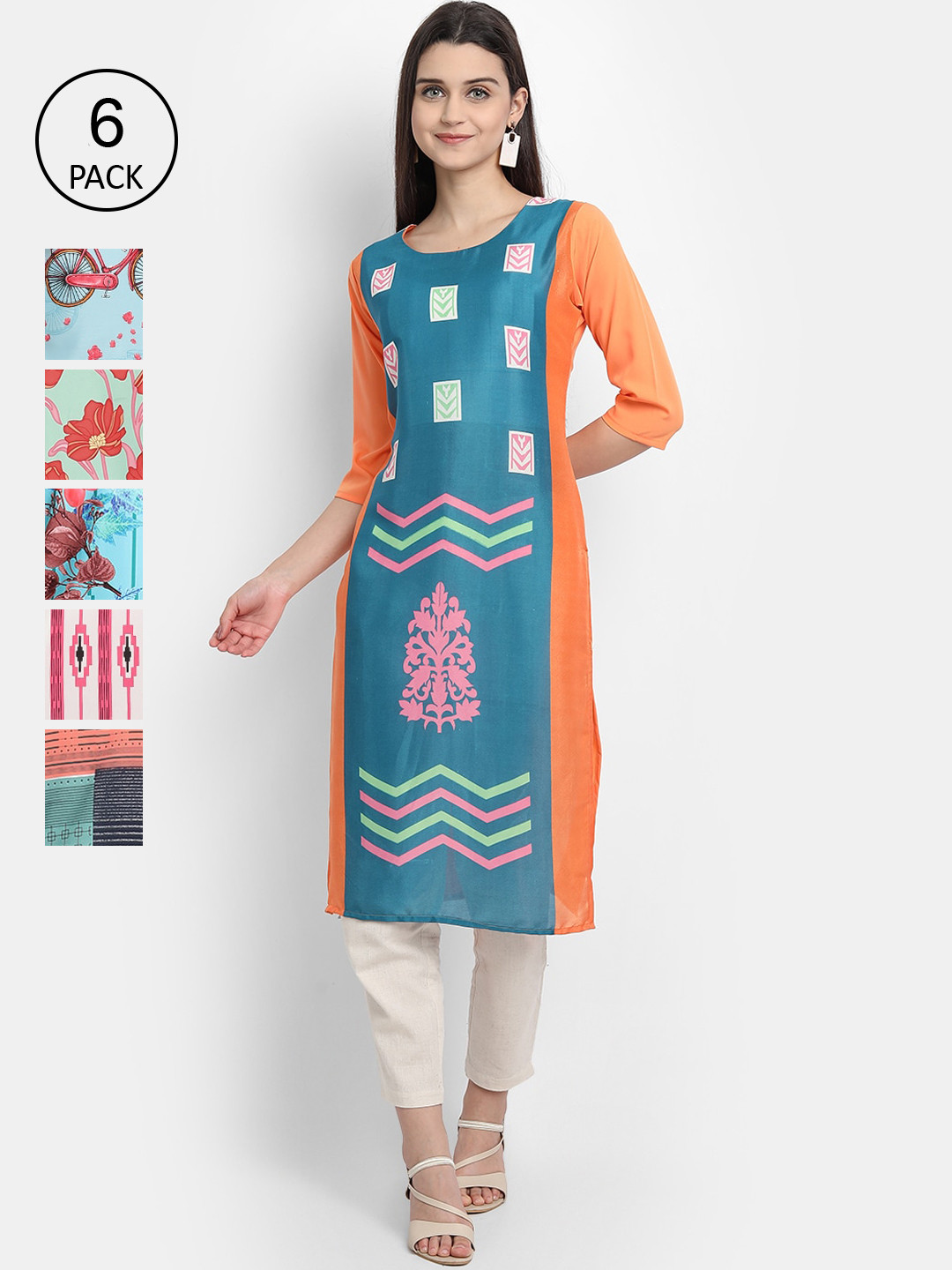 Ethnic basket Pack of 6 Women Multicoloured Ethnic Motifs Printed Crepe Kurta, Multi
Ethnic basket Pack of 6 Women Multicoloured Ethnic Motifs Printed Crepe Kurta, Multi