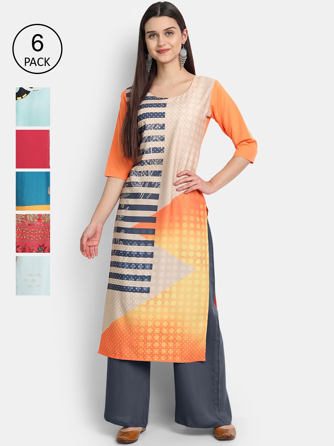 Ethnic basket Women Pack Of 6 Ethnic Motifs Printed Crepe Kurta, Multi