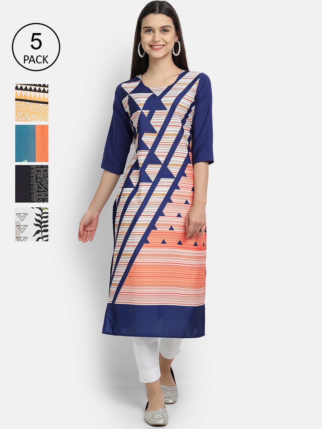 Ethnic basket Women Pack Of 5 Printed Crepe Kurta, Blue
