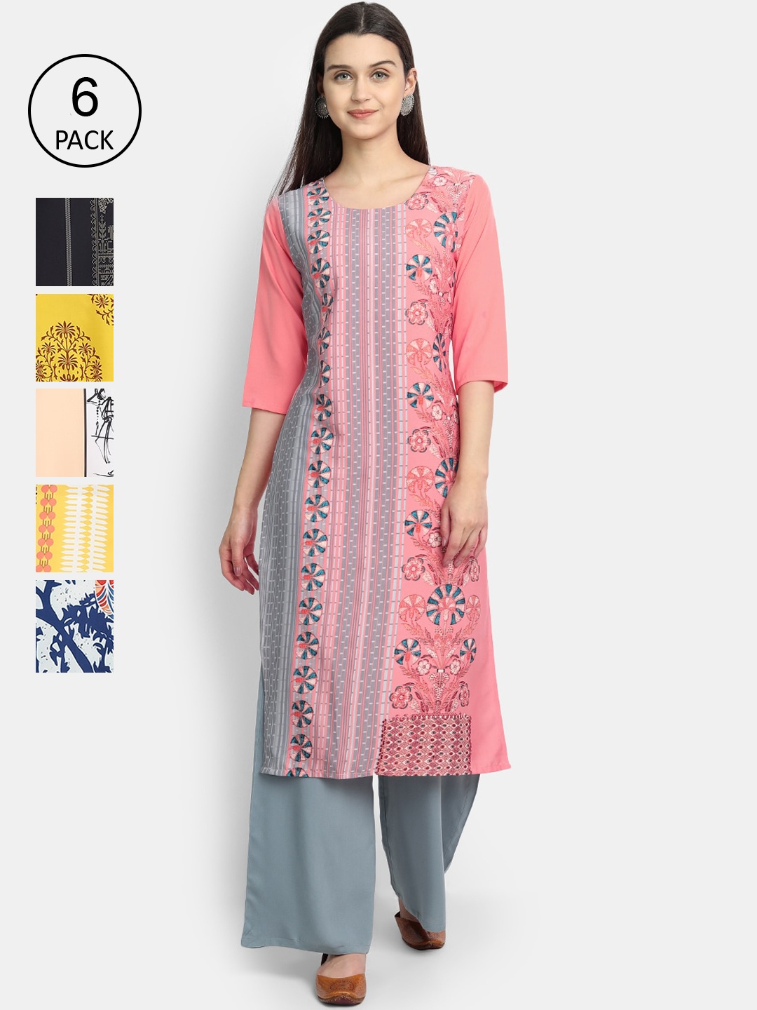 Ethnic basket Women Pack Of 6 Printed Crepe Kurta, Pink