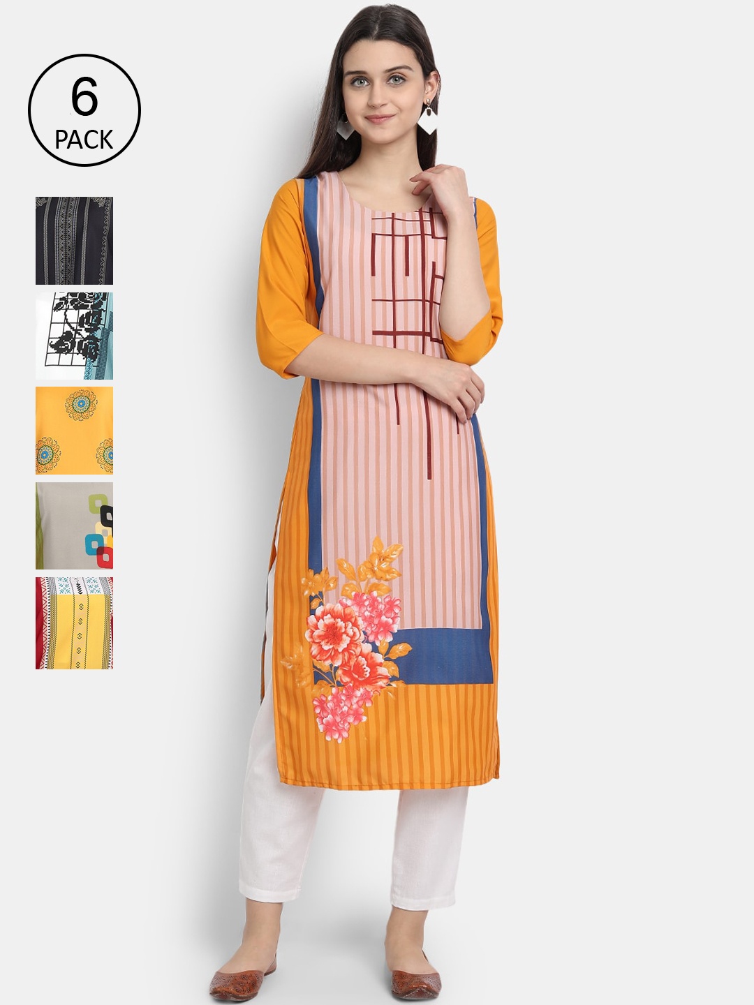 Ethnic basket Women Pack Of 6 Ethnic Motifs Printed Crepe Kurta, Multi