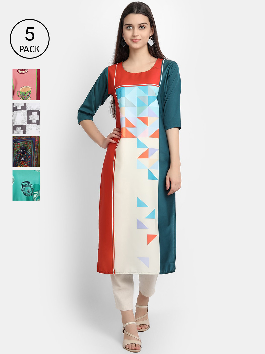 Ethnic basket Women Pack Of 5 Printed Crepe Kurtas, Multi 
Ethnic basket Women Pack Of 5 Printed Crepe Kurtas, Multi