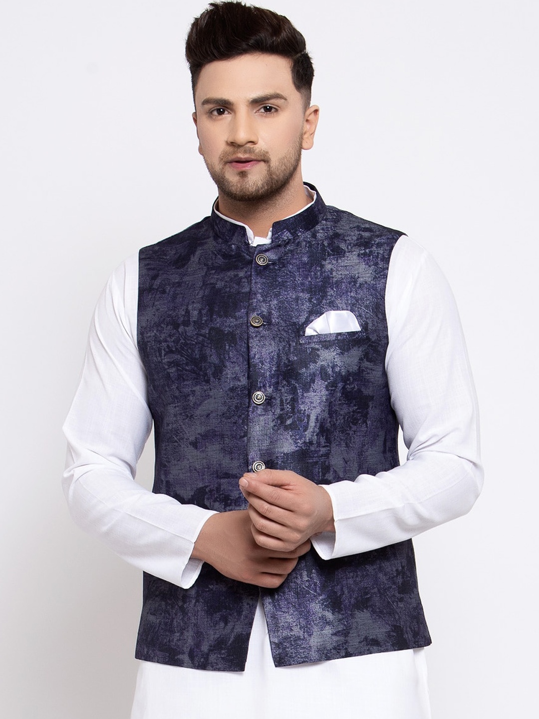MAXENCE Men Blue Printed Woven Slim-Fit Cotton Nehru Jacket