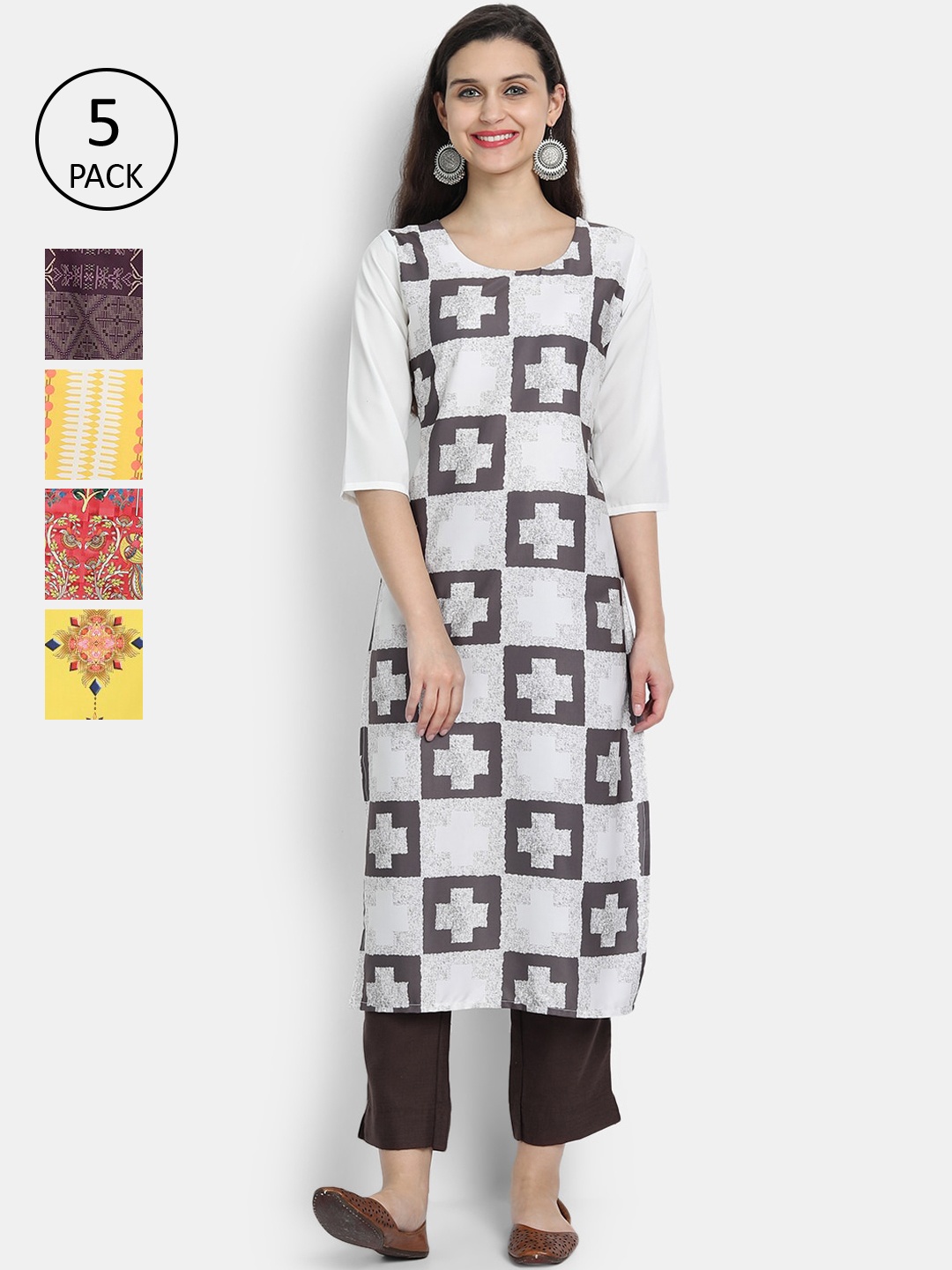 Ethnic basket Women Pack Of 5 Ethnic Motifs Printed Crepe Kurtas, Multi