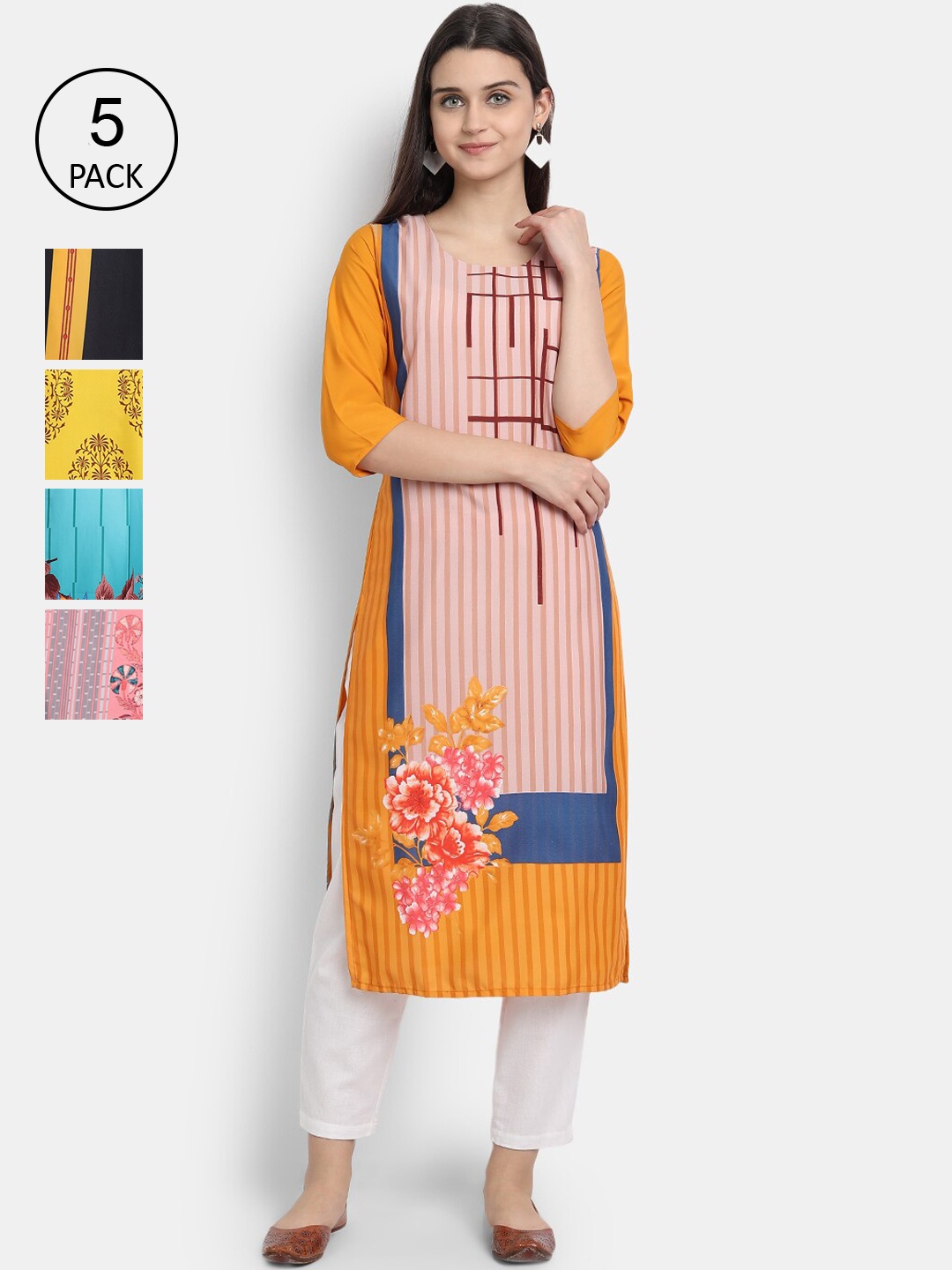 Ethnic basket Women Pack Of 5 Ethnic Motifs Printed Crepe Kurtas, Multi