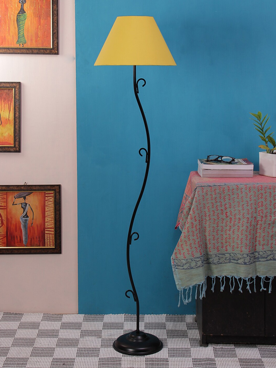 Devansh Yellow & Black Solid Traditional Club Lamp with Shade