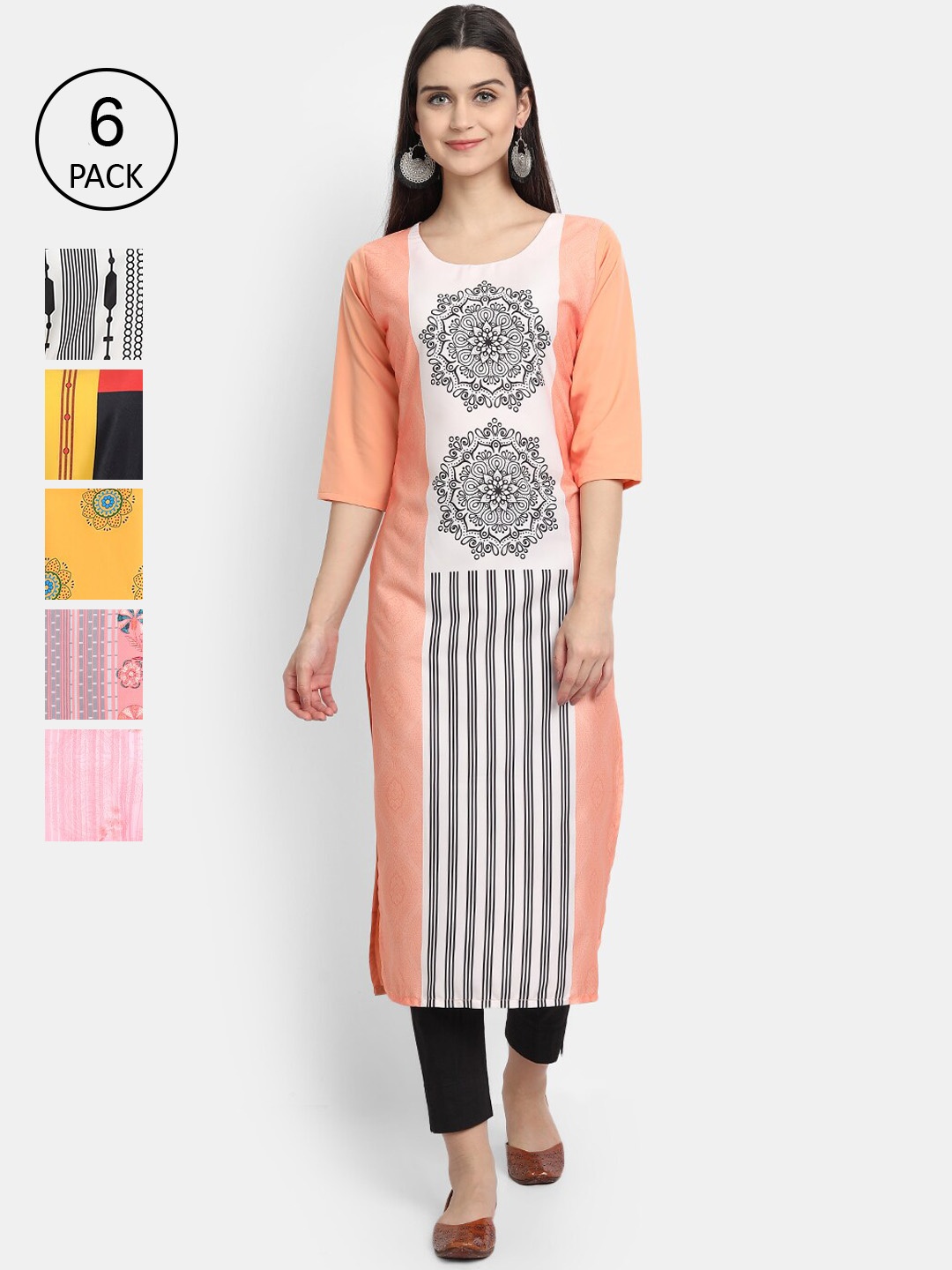 Ethnic basket Women Pack of 6 Geometric Printed Crepe Kurta, Multi