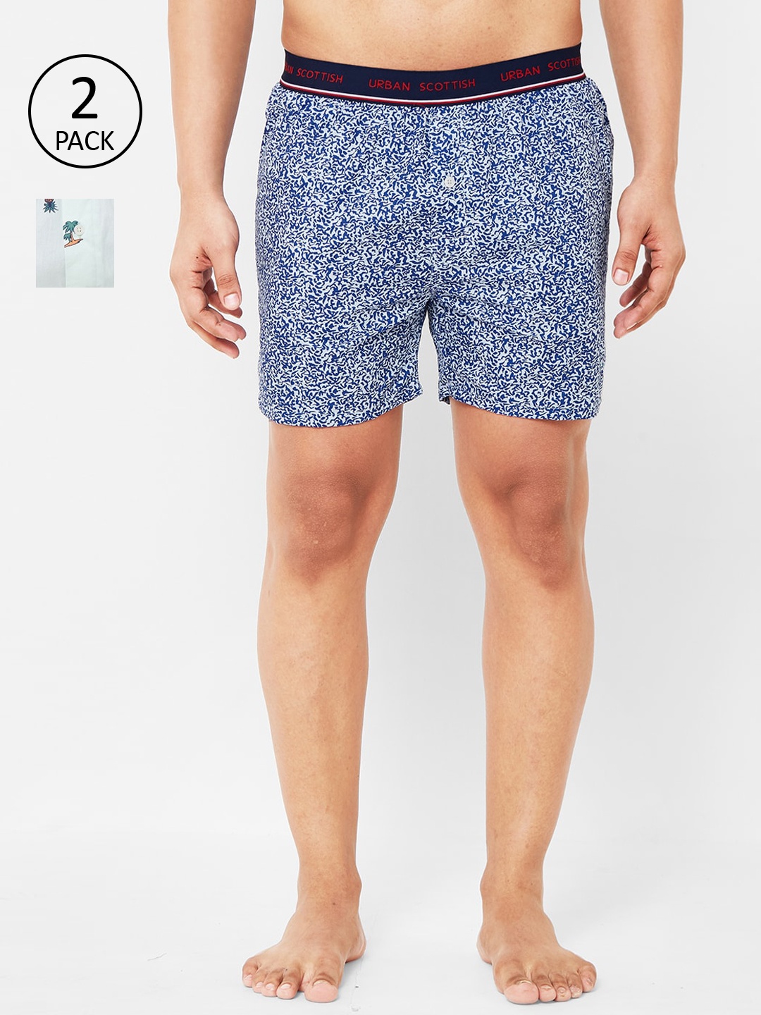 URBAN SCOTTISH Men White & Blue Pack of 2 Printed Pure Cotton Boxers