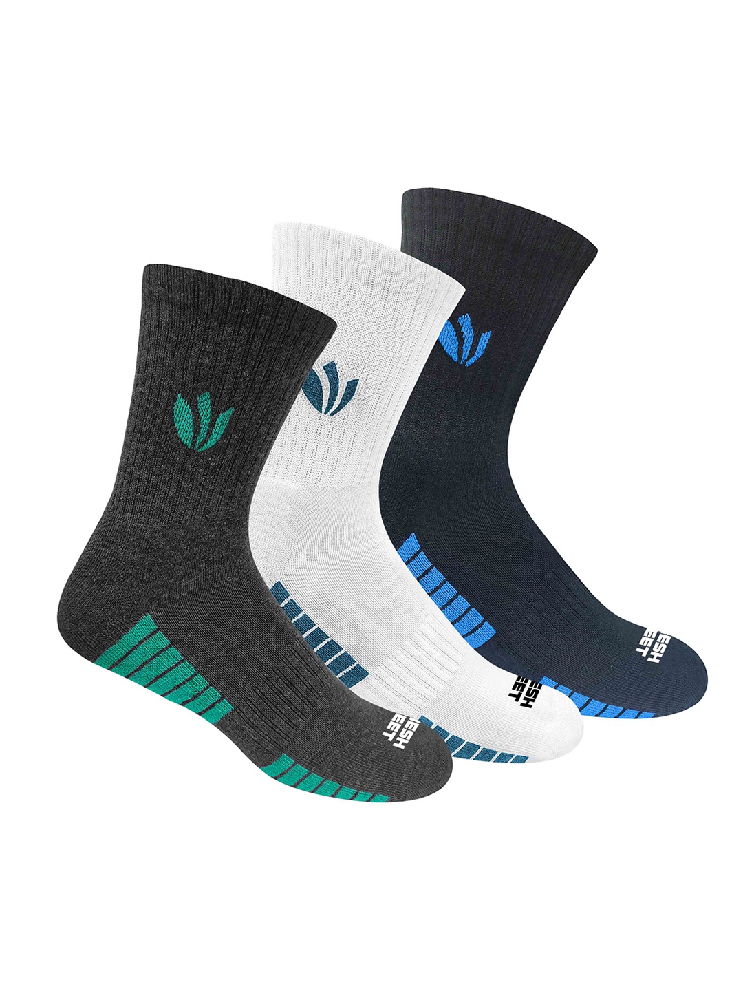 FRESH FEET Men Pack Of 3 Assorted 100% Combed Cotton Calf-Length Socks With All Day Cushion Comfort