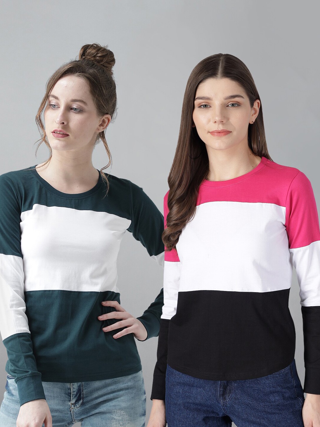 The Dry State Women Pack Of 2 Colourblocked Round Neck T-shirt, Green