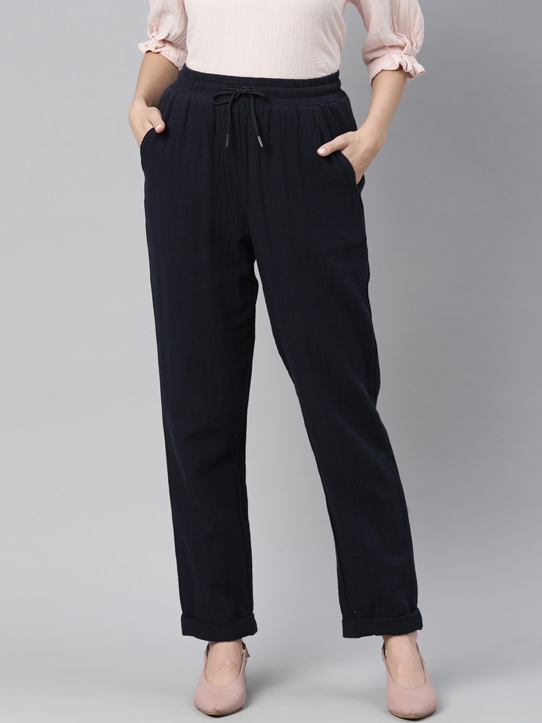 RAREISM Women Navy Blue Loose Fit High-Rise Regular Trousers