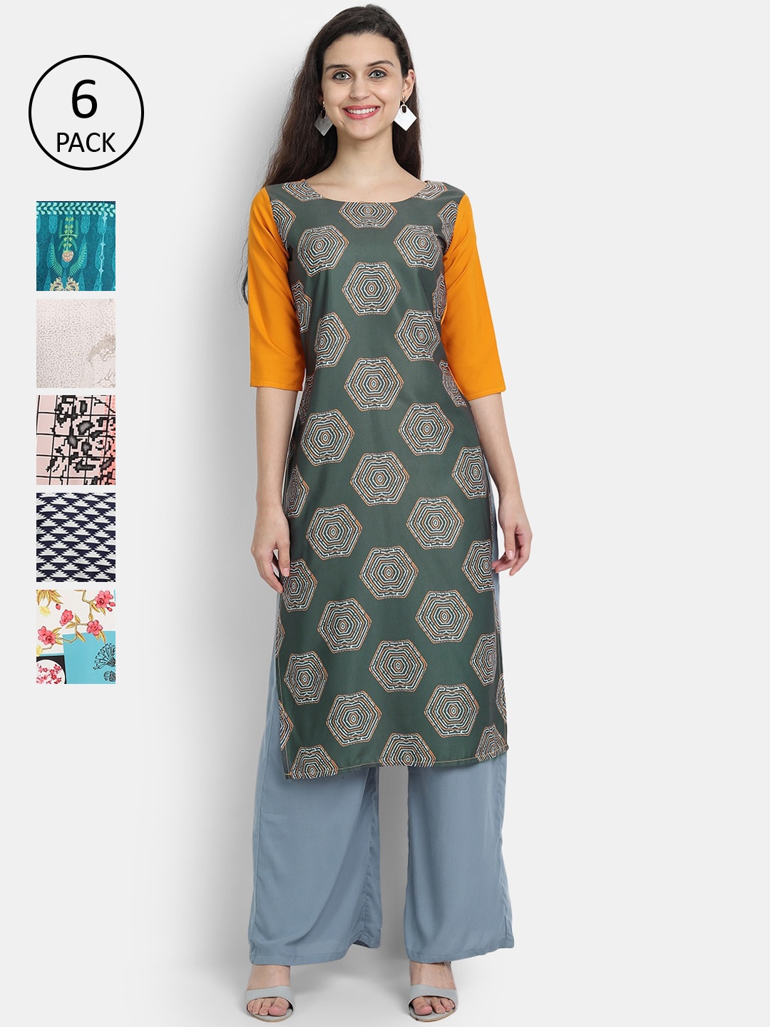 Ethnic basket Women Pack Of 6 Multicoloured Floral Printed Crepe Kurtas, Multi
Ethnic basket Women Pack Of 6 Multicoloured Floral Printed Crepe Kurtas, Multi