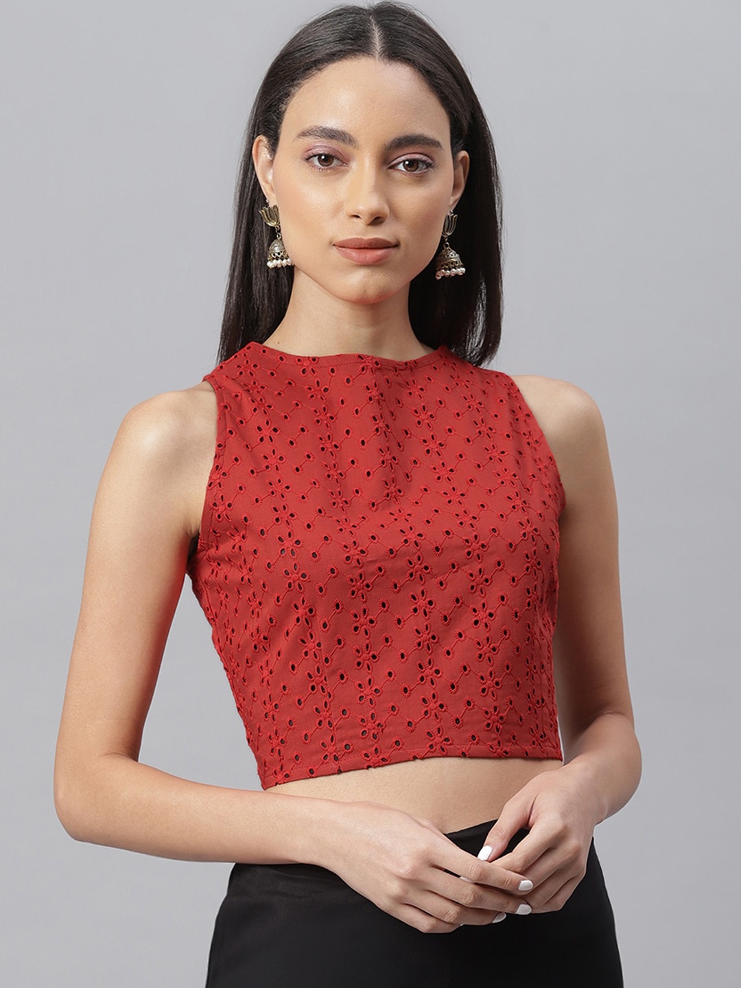 Janasya Red Schiffli Regular Crop Top
