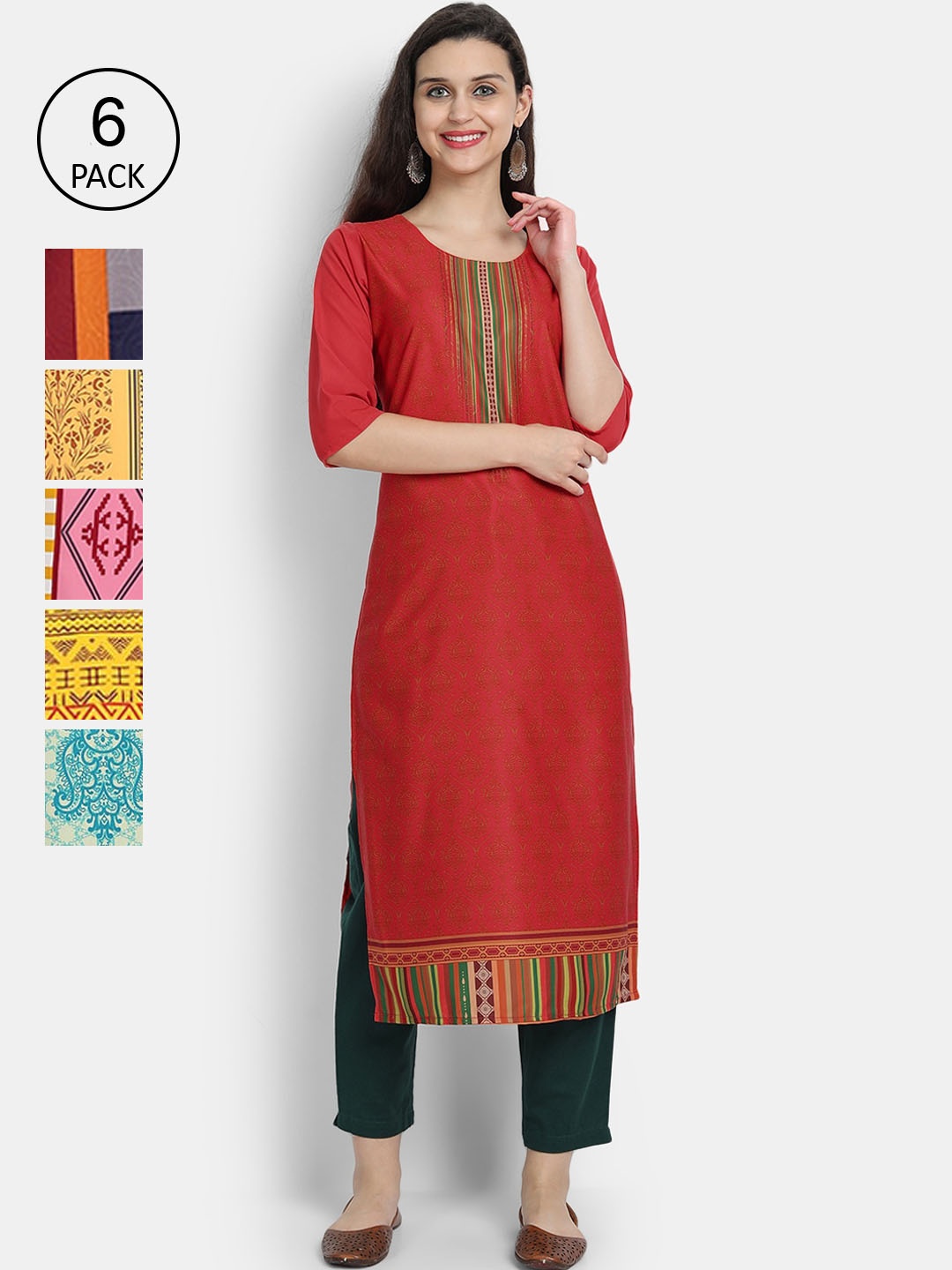Ethnic basket Women Pack of 6 Multicoloured Ethnic Motifs Printed Kurtas, Multi