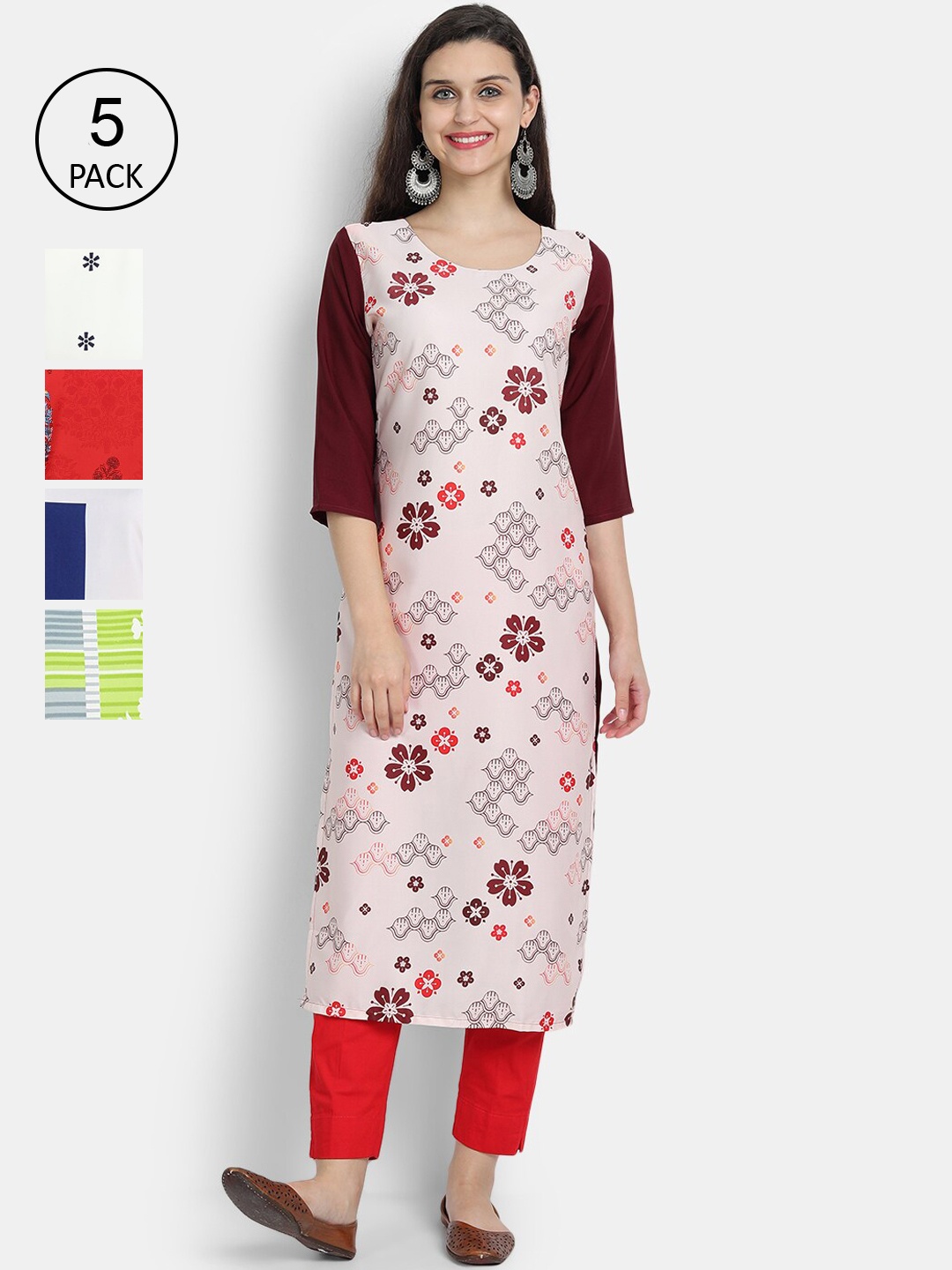 Ethnic basket Women Pack of 5 Ethnic Motifs Printed Crepe Kurta, Peach