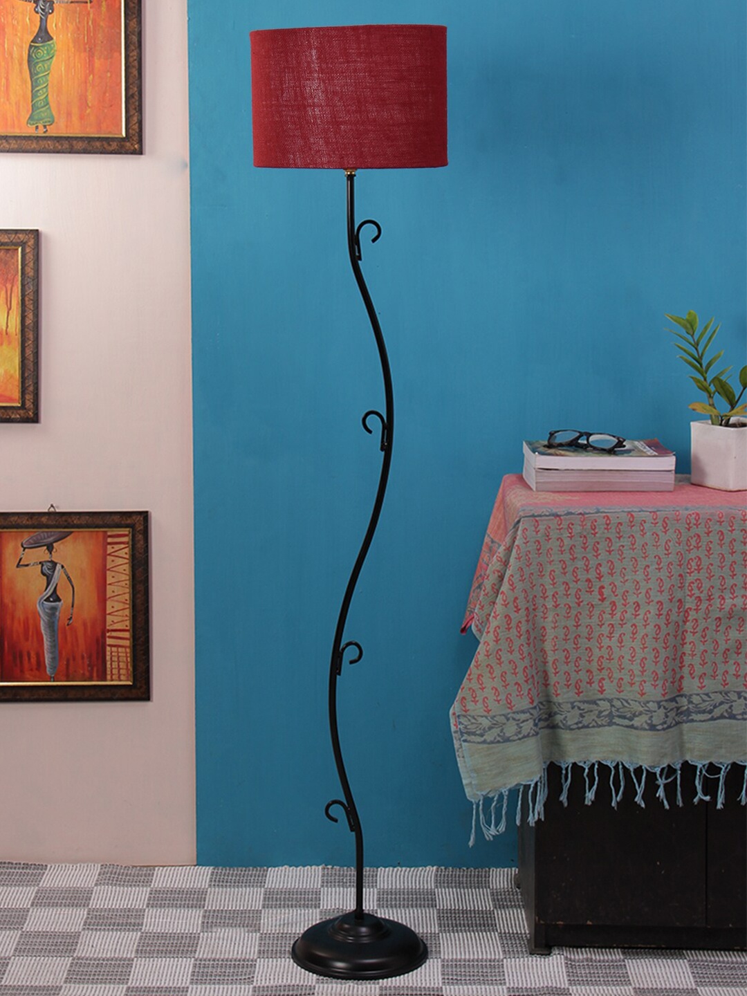 Devansh Maroon & Black Solid Traditional Club Lamp with Shade