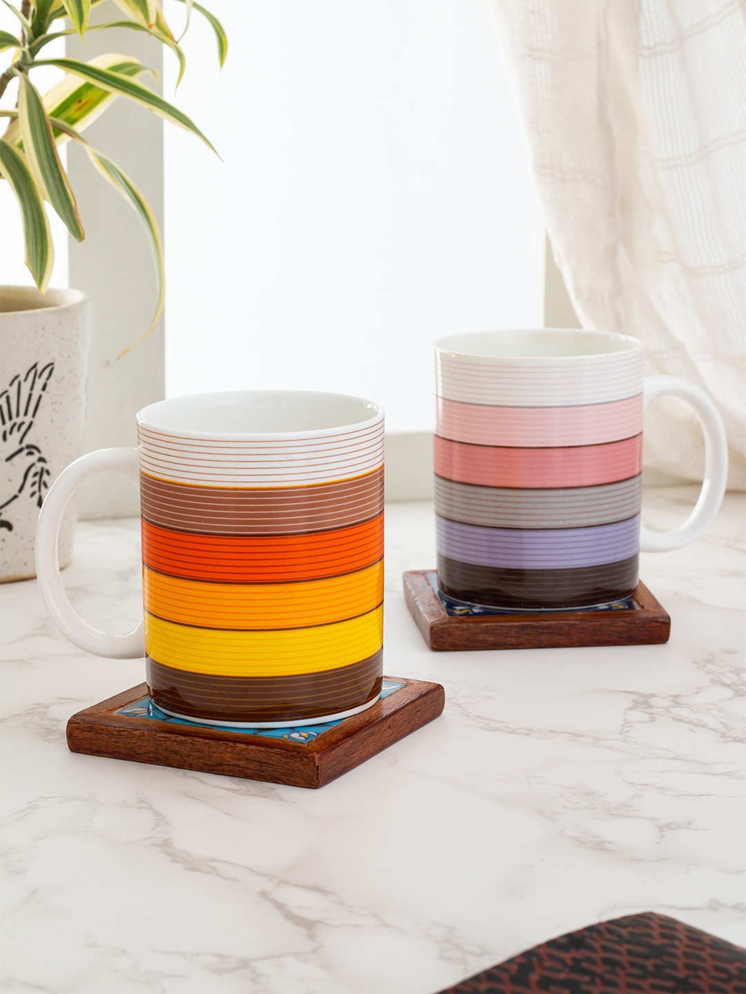 CLAY CRAFT Set Of 2 White & Brown Striped Ceramic Mugs
