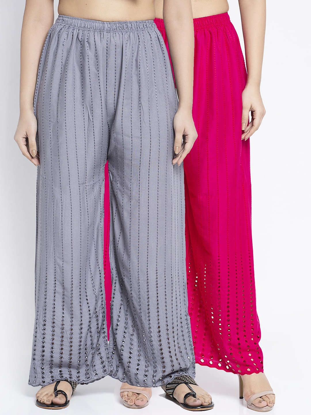 GRACIT Women Set Of 2 Grey & Pink Knitted Ethnic Palazzos