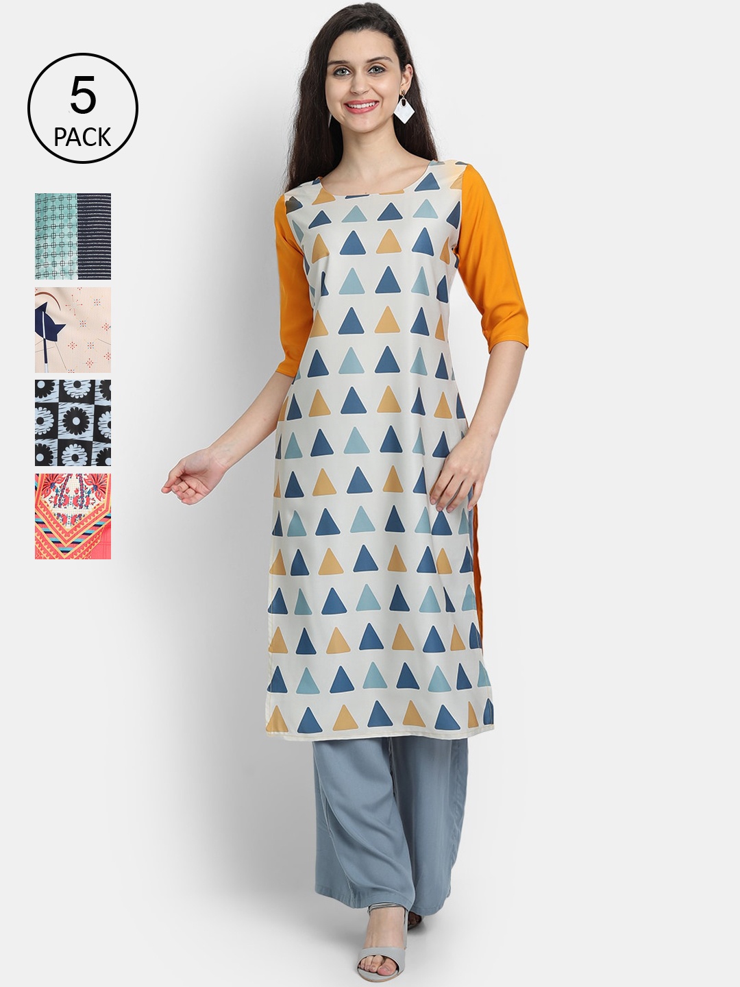Ethnic basket Pack of 5 Women Multicoloured Geometric Printed Thread Work Crepe Kurta, Multi
Ethnic basket Pack of 5 Women Multicoloured Geometric Printed Thread Work Crepe Kurta, Multi