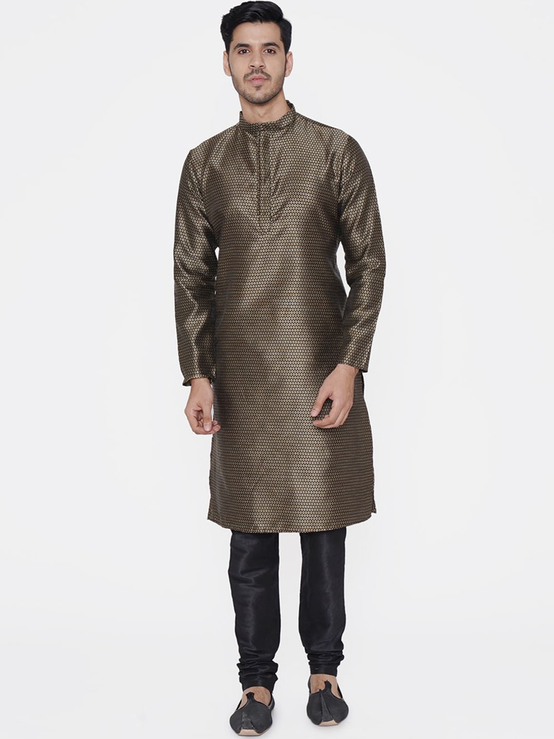 TABARD Men Beige & Black Floral Jaquard Printed Kurta