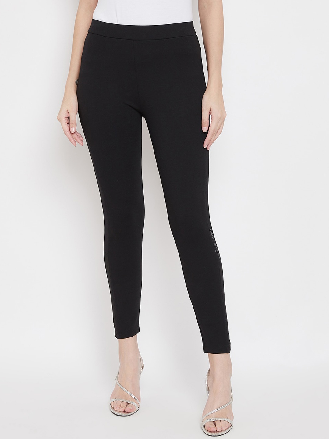 Madame Women Black Solid Cotton Ankle-Length Jeggings