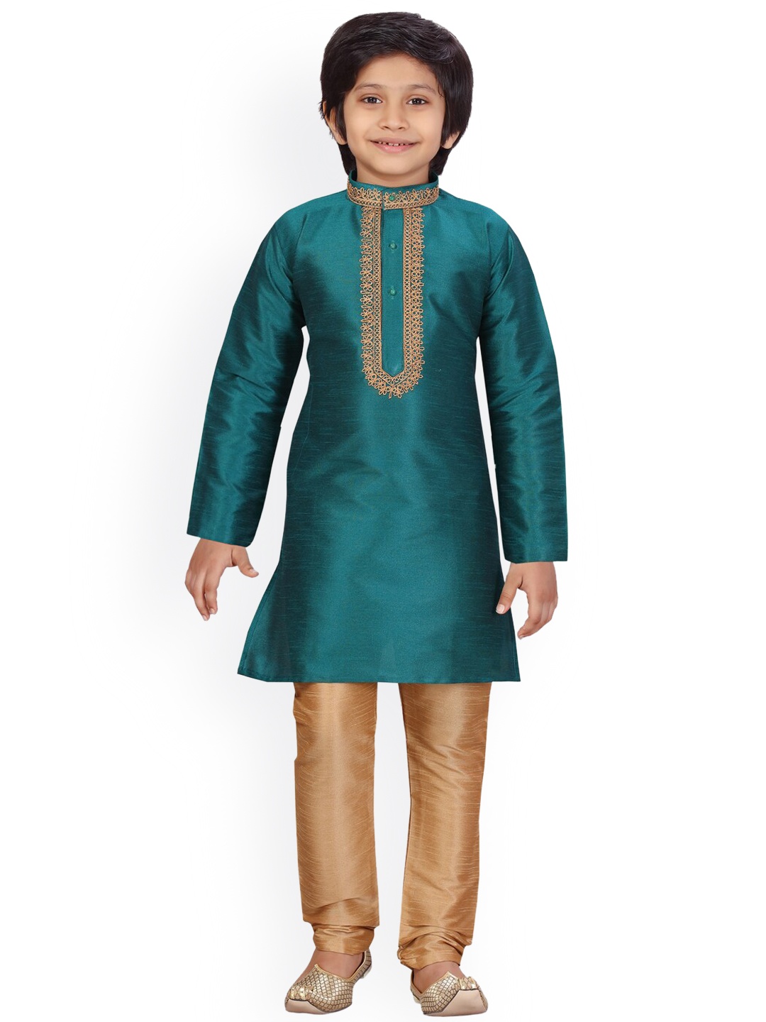 LITTLE MAFIA BY Aarika Boys Green Regular Straight Pure Silk Kurti with Pyjamas