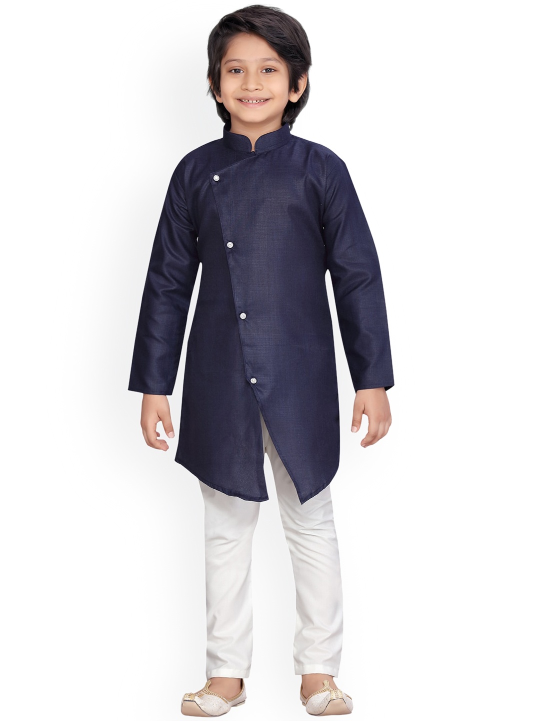 LITTLE MAFIA BY Aarika Boys Navy Blue Angrakha Pathani Pure Cotton Kurta with Pyjamas