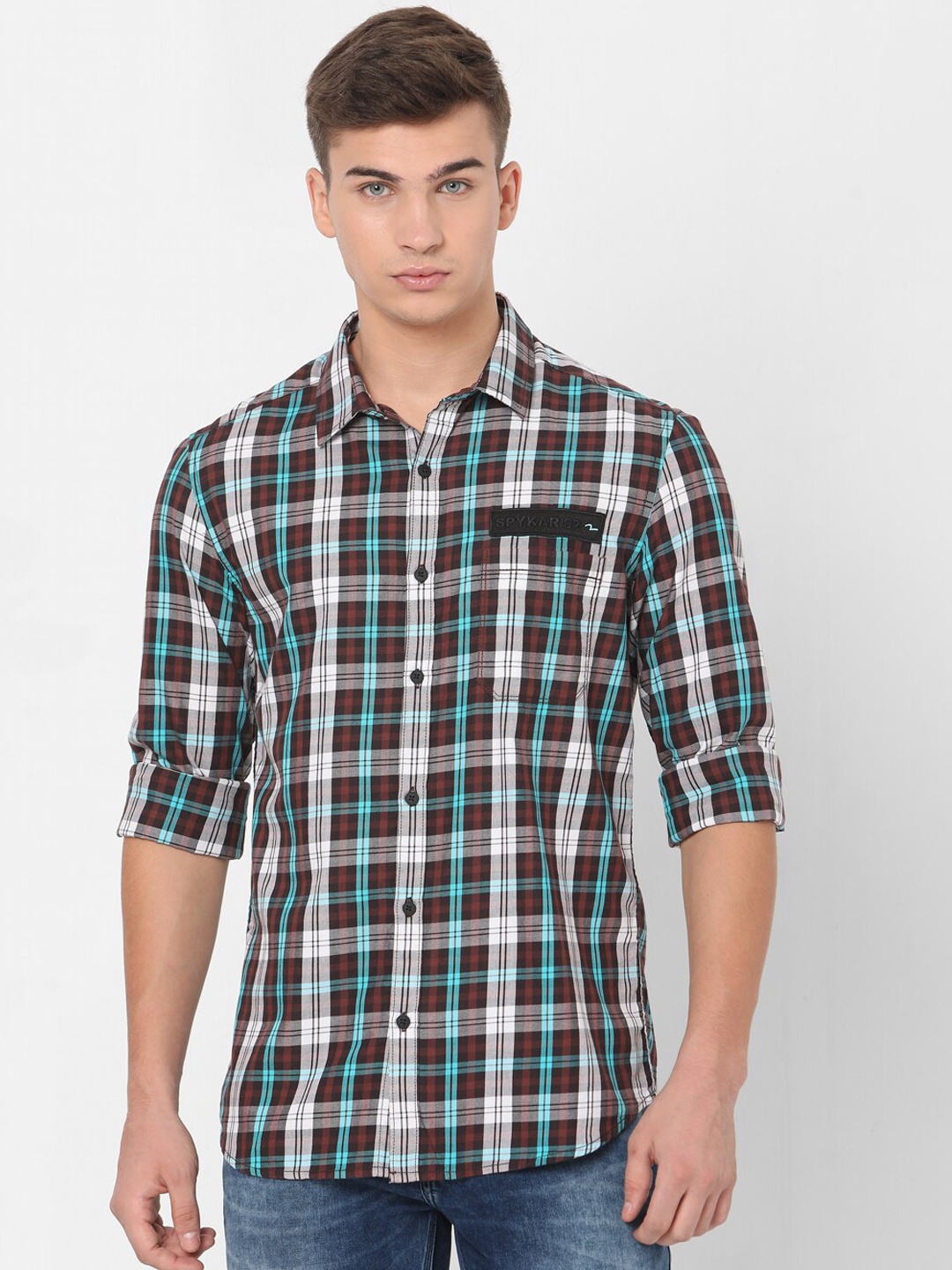 SPYKAR Men Blue Slim Fit Checked Casual Shirt