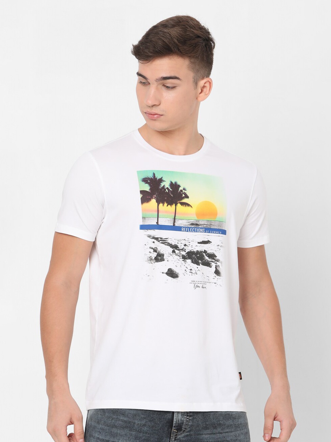 SPYKAR Men White Printed Round Neck T-shirt