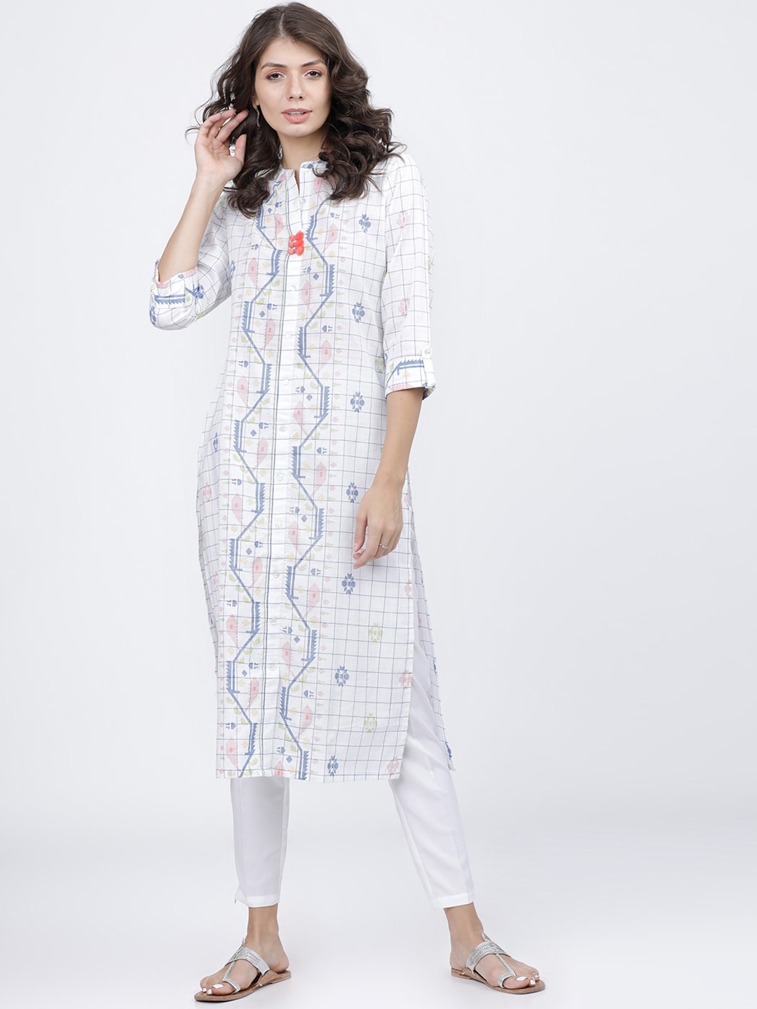 Vishudh Women White & Blue Printed Straight Kurta