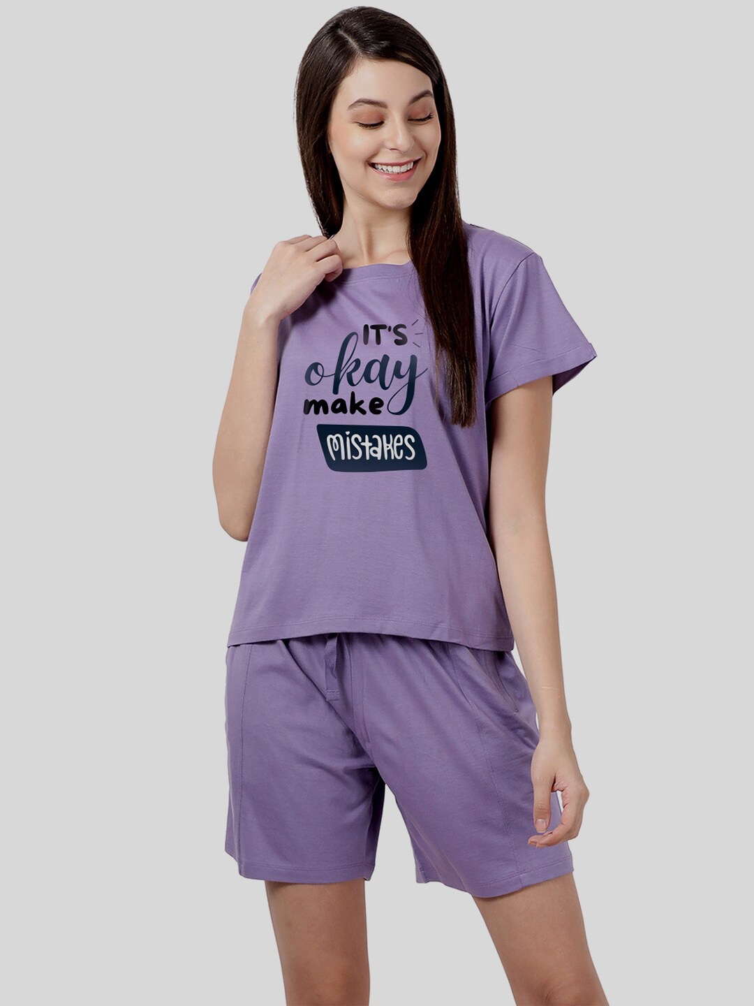 shyaway Women Purple & Black Printed Night suit