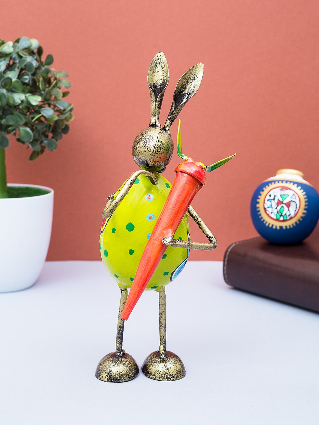 Golden Peacock Yellow & Gold-Toned Handpainted Wrought Rabbit Showpiece